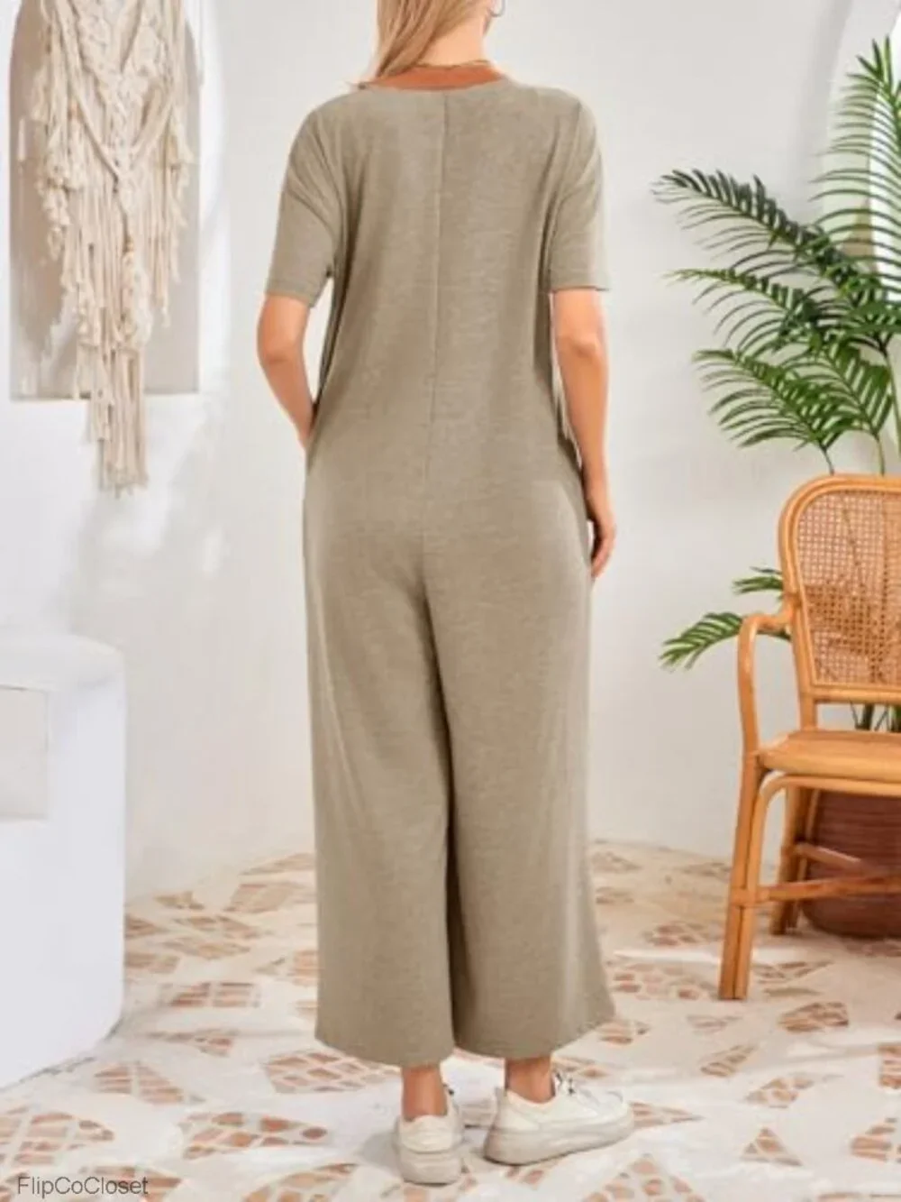 Women's Casual Loose Jumpsuit Short Sleeve V-Neck Button Down One Piece Wide